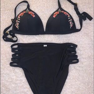 Black Embroidered High Waisted Bikini